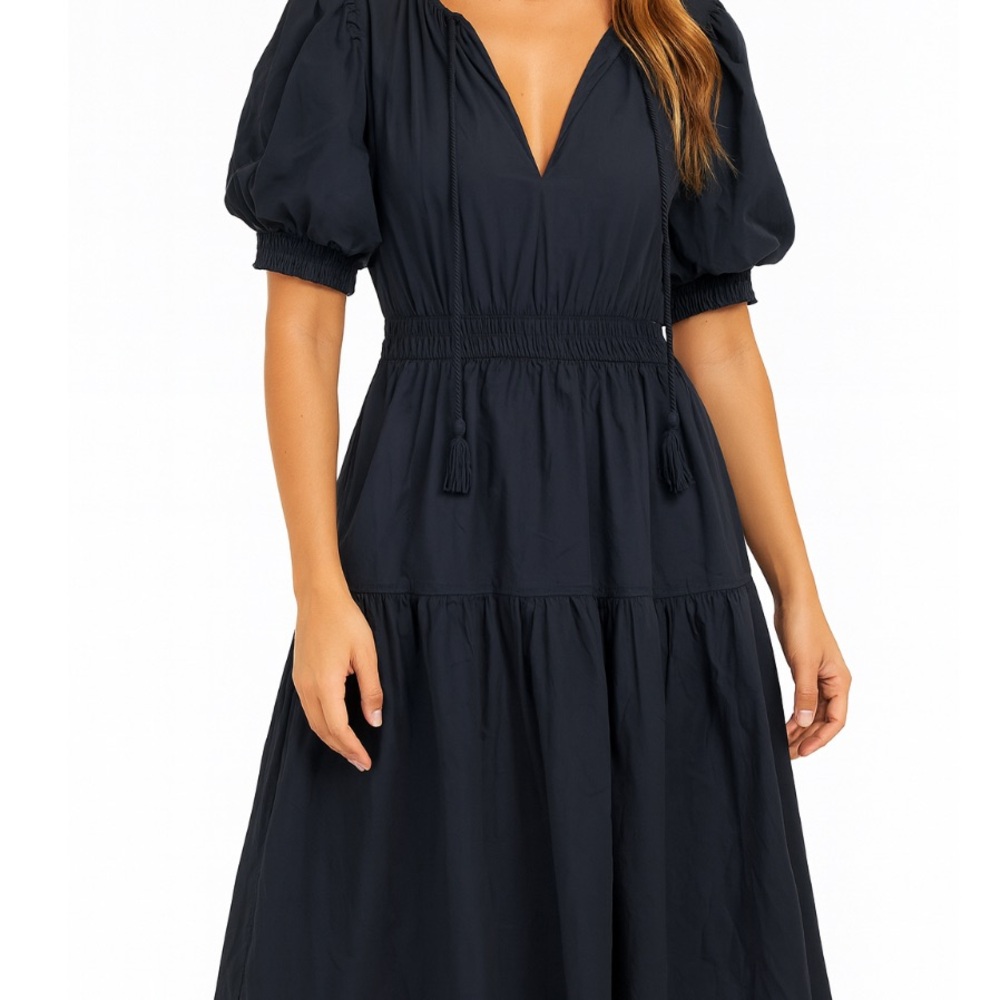 Moon River Blue Navy Puff Sleeve Midi Dress Size 10 Puff Sleeves EUC